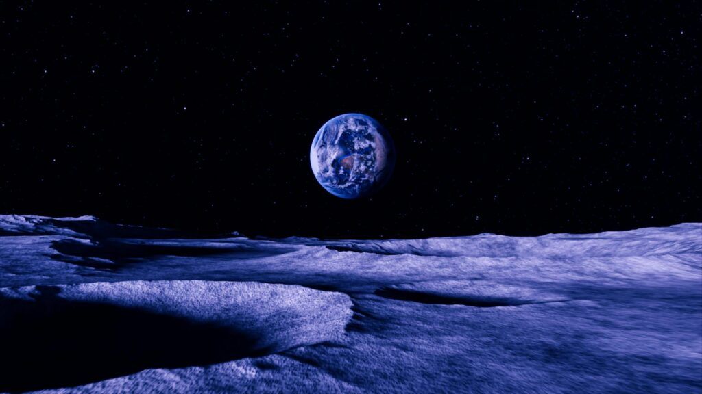 Blick auf den Planeten Erde von der Oberfläche des Mondes aus. Luftleerer Raum. Simulierter Drohnenflug. Hohe Qualität 3d Illustration