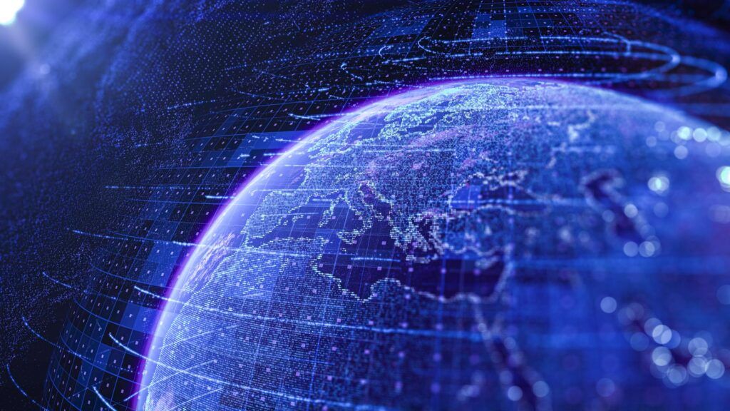 3d-Illustration von detaillierten virtuellen Planeten Erde. Technologische digitale Daten glob. Grüne Karte der Erde von den quadratischen Punkten. Weltkarte. Globale Netzwerk-Verbindung.